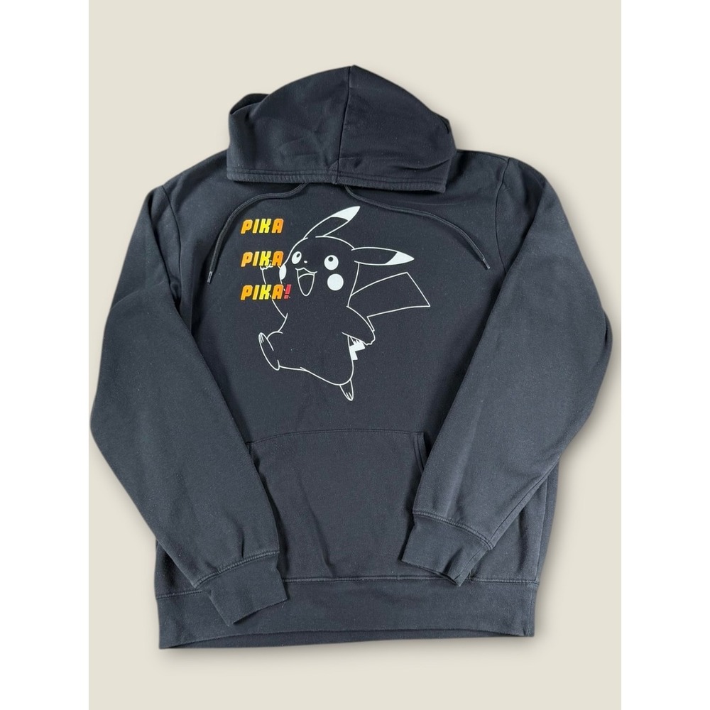 Pokemon Pikachu Pika Pika Graphic Hoodie Black Mens Large Fleece Pullover